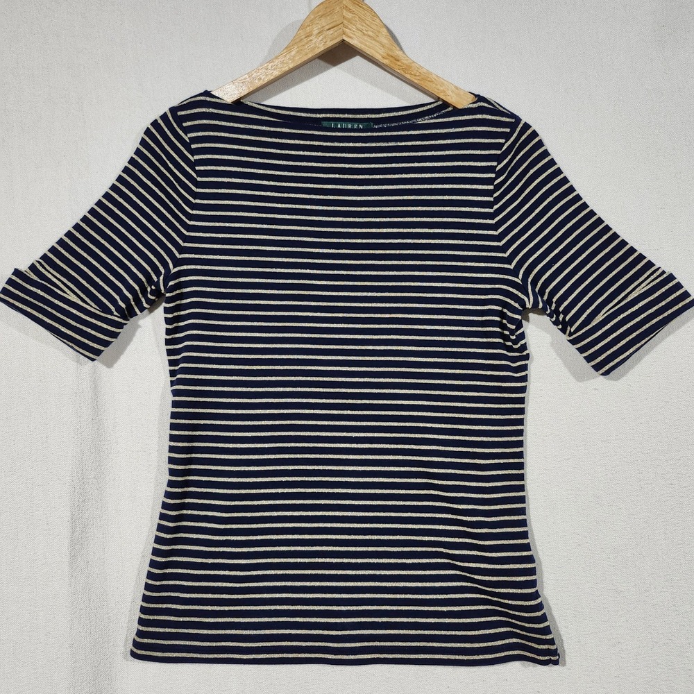 LAUREN Ralph Lauren Women's M Striped Metallic Gold & Navy Boatneck TShirt Top - Picture 4 of 11